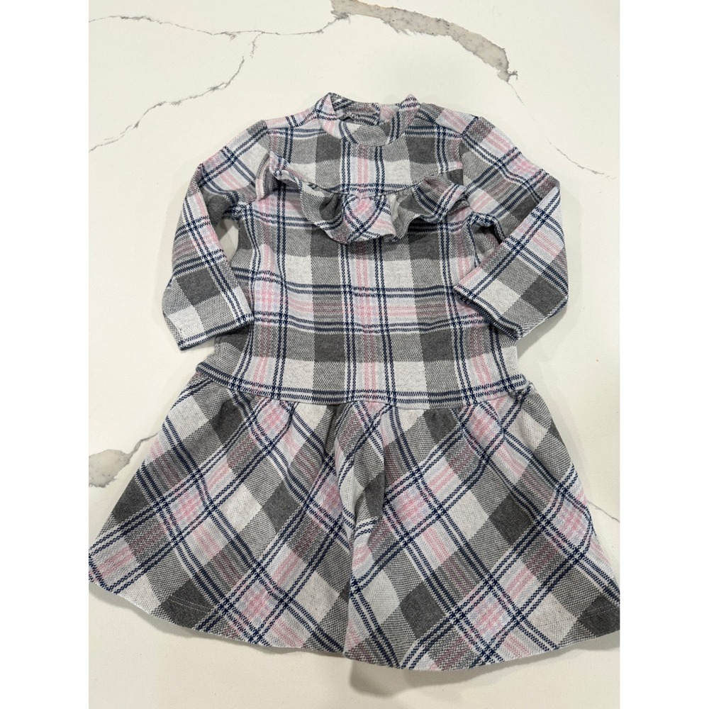 Janie and Jack Girls Plaid Dress Gray Pink Blue Ruffle‎ Neck Long Sleeve Size 4